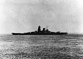 Japanese battleship Musashi leaving Brunei, Borneo, in 1944 (NH 63473).jpg