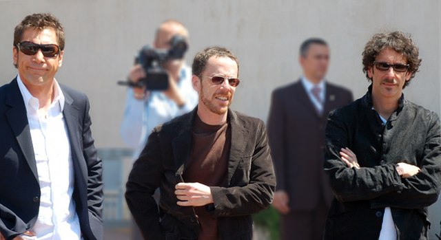Javier Bardem (left) with the Coen brothers at the 2007 Cannes Film Festival