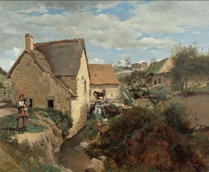 File:Jean-Baptiste-Camille Corot - Cottages and a Mill on the Banks of a Stream.jpg