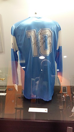 Football shirt worn by Diego Maradona in Italian club Napoli. The number 10 he wore was retired by Napoli in 2000[23]