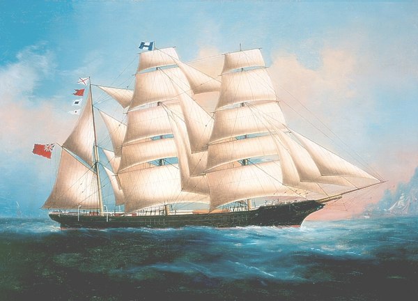 A barque—a three-masted sailing ship with square sails on the first two masts (fore and main) and fore-and-aft sails on the mizzenmast