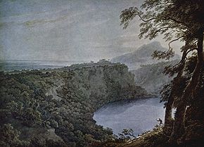 John Robert Cozens, Il lago di Nemi, matita e acquarello, ca. 1777.