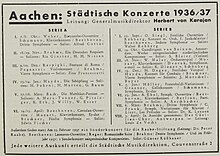 Das Stadttheater Aachen wirbt mit dem Namen Karajan für die Saison 1936/37 in der Neuen Zeitschrift für Musik (Quelle: Wikimedia)