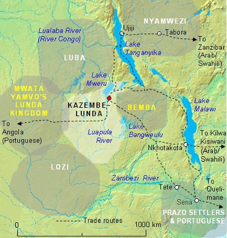 The Luba Empire (up left) in relationship to others and major trade routes, in the 19th century