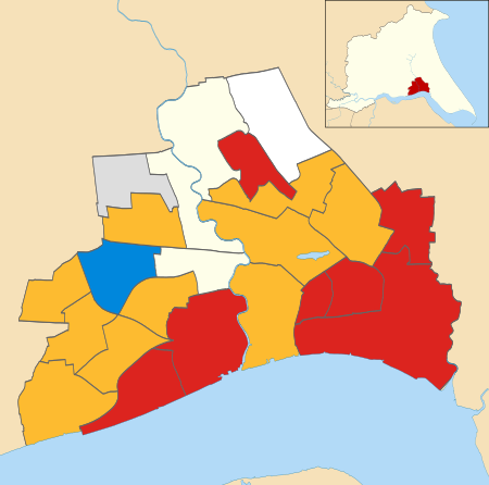 Map of the results of the 2006 Hull council election. Labour in red, Liberal Democrats in yellow, Conservatives in blue, Independent in grey, Hull Independents in white, Uncontested in cream. Kingston upon Hull UK 2006 Local Election map.svg