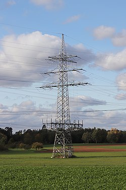 HV pylon with feeder and crossed traverses