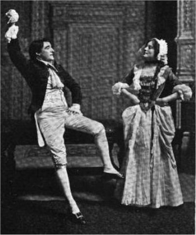 1905: Kyrle Bellew and Eleanor Robson in a scene from She Stoops to Conquer