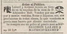 An 1853 ad in Spanish in the bilingual Los Angeles Star for Lazard & Kremer dry goods Lazard 18530618.png