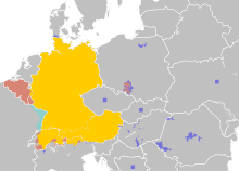 The German language in Europe:
German Sprachraum: German is the official language (de jure or de facto) and first language of the majority of the population
German is a co-official language but not the first language of the majority of the population
German (or a German dialect) is a legally recognized minority language (squares: geographic distribution too dispersed/small for map scale)
German (or a variety of German) is spoken by a sizeable minority but has no legal recognition Legal status of German in Europe.svg
