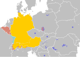 Current distribution areas of the German language in Europe Legal status of German in Europe.svg