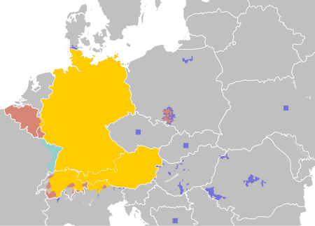 Legal statuses of German in Europe:
.mw-parser-output .legend{page-break-inside:avoid;break-inside:avoid-column}.mw-parser-output .legend-color{display:inline-block;min-width:1.25em;height:1.25em;line-height:1.25;margin:1px 0;text-align:center;border:1px solid black;background-color:transparent;color:black}.mw-parser-output .legend-text{}
"German Sprachraum": German is (co-)official language and first language of the majority of the population
German is a co-official language, but not the first language of the majority of the population
German (or a German dialect) is a legally recognized minority language (Squares: Geographic distribution too dispersed/small for map scale)
German (or a variety of German) is spoken by a sizable minority, but has no legal recognition Legal status of German in Europe.svg