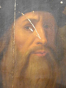 Detail revealing paint, craquelure, damage and overpainting Leonardo da Vinci LUCAN self-portrait FACE.JPG