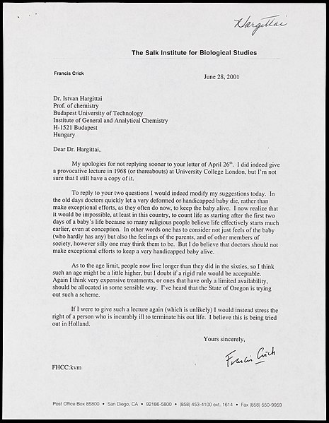 File:Letter from Crick to Istvan Hargittai, 28th June 2001 Wellcome L0061114.jpg