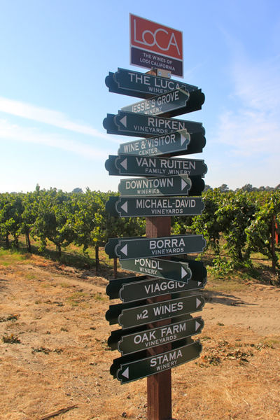 Signs point the way to various vineyards in Lodi, California