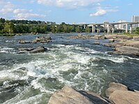 Looking downriver on rapids at Belle Isle, Richmond, Virginia, Aug 2012.JPG