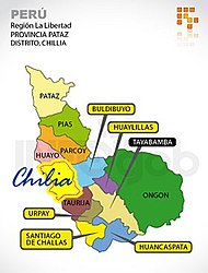 The district of Santiago de Challas (yellow) is located in the southwest of the province of Pataz