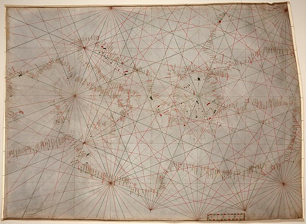 The oldest original cartographic artifact in the Library of Congress: a portolan nautical chart of the Mediterranean Sea. Second quarter of the 14th c