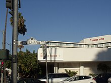 Merv Griffin Way with the Beverly Hilton in the background