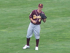 Leake plays catch at the 2009 College World Series. Mike Leake ASU.jpg