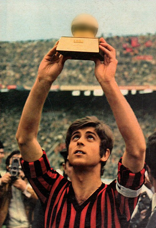 Gianni Rivera hoisting the 1969 Ballon d'Or.