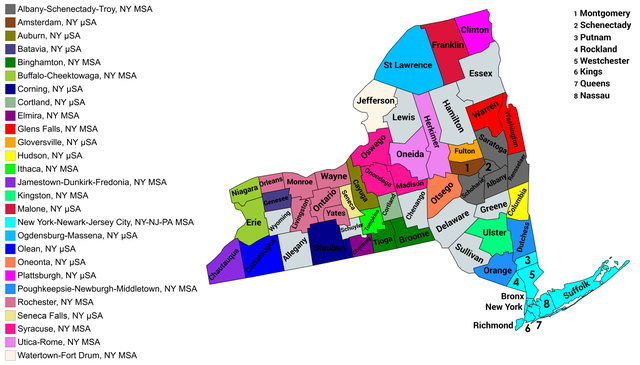Map of the 27 core-based statistical areas in New York.