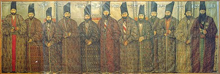 Khanlar Mirza (fifth from the left), among Abbas Mirza's other sons at the Nezamiyeh Hall (by Sani-ol-Molk)