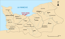 Carte de l'actuelle Normandie avec les territoires des cités et Saint-Aubin-sur-Mer