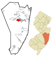 Map of Holiday Heights CDP in Ocean County. Inset: Location of Ocean County in New Jersey.