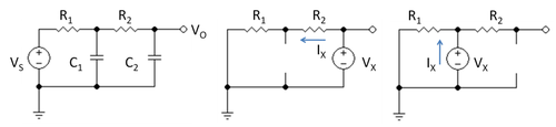 Figure 1: Simple RC circuit and auxiliary circuits to find time constants Open-circuit time constant.PNG