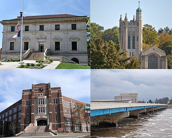 Clockwise from top left: Ottumwa City Hall (Federal Building), St. Mary of the Visitation Catholic Church, Market Street Bridge and Bridge View Center