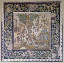 Judgment of Paris, marble, limestone and glass tesserae, 115–150 AD; from the Atrium House triclinium in Antioch-on-the-Orontes