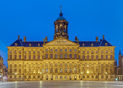 Blue hour view of front of the Royal Palace, Amstedam, Netherlands.