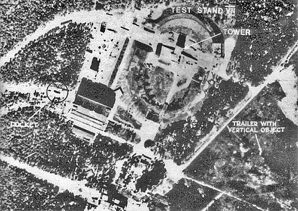 Aerial photograph of the missile Test Stand VII at Peenemünde.