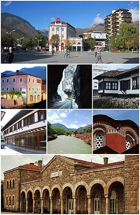 由最上(左到右): 佩奇市中心, Zenel Beg Tower (Kulla), Rugova Canyon, Ethnological Museum, Old Bazaar, Bistrica River, Patriarchal Monastery of Peć及佩奇火車站.