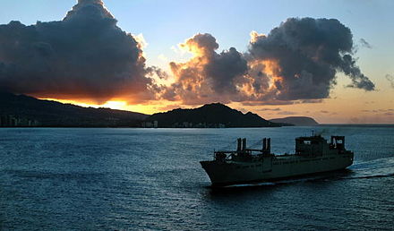 Roll-on/roll-off ship USNS Pililaau during Joint Logistics Over-the-Shore (JLOTS) exercise.
