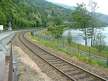 Pista ciclabile che corre fra il binario e il lago