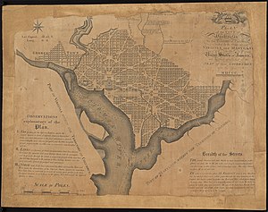 Ellicott's Plan of the City of Washington in the Territory of Columbia engraved by Thackera & Vallance, Philadelphia, 1792, showing the names of L'Enfant's "grand avenues" and East Capitol Street, the coordinates of the Capitol, the depths of the channels of the Potomac River and the Eastern Branch, lot numbers and legends Plan of the city of Washington in the territory of Columbia, ceded by the states of Virginia and Maryland to the United States of America ... (8249620373).jpg