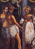 Актори в театральному вбранні, мозаїка Будинку поета трагедій, фрагмент. Помпеї