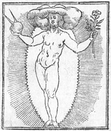 Allegory of Beauty, by Cesare Ripa. Beauty is a naked woman with her head hidden among clouds (symbol of the subjective nature of beauty); in her right hand she holds a globe and a compass (beauty as measure and proportion), and in her left hand a fleur-de-lis (beauty as temptress of the soul, like the perfume of a flower). Ripa- Belleza.jpg