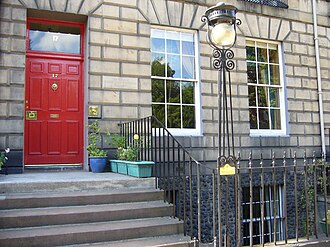 For we are very lucky, with a lamp before the door,
And Leerie stops to light it as he lights so many more Robert Louis Stevenson childhood home, Heriot Row.jpg