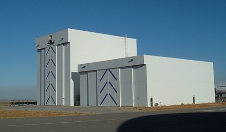 The Rotary Rocket Hangars at Mojave Air and Space Port, as seen in 2005. The taller hangar on the left was the Roton Assembly Building.
