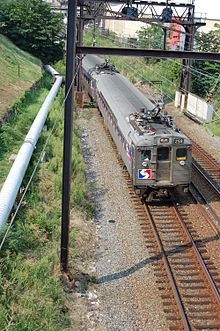 An Airport Line train in 2007, after departing 30th Street Station SEPTAR1AirportUniversityCity2007.jpg