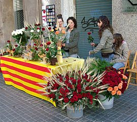 Selling roses on St George's Day in Catalonia, Spain Santjordi.jpg