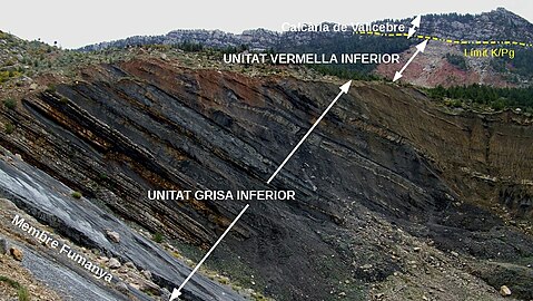 Veduta di un affioramento della Formazione di Tremp Cretacico superiore (Maastrichtiano terminale), Spagna. Visibile in alto il limite Cretacico-Paleocene.