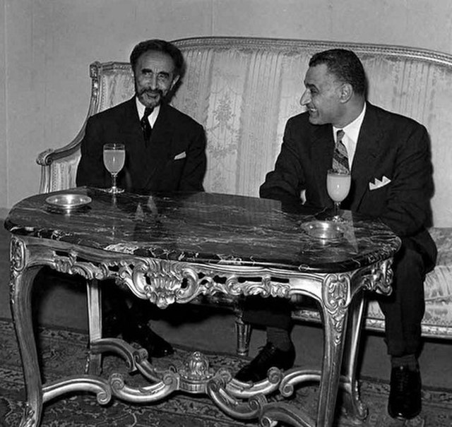 Emperor of Ethiopia Haile Selassie with President of Egypt Gamal Abdel Nasser in Addis Ababa for the Organisation of African Unity summit, 1963.