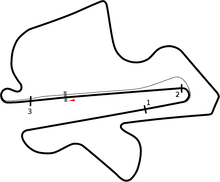 DRS zones on the Sepang International Circuit in 2011. 1: DRS detection point. 2: DRS activation point. 3: approximate DRS deactivation point (braking zone before Turn 1) Sepang drs.png