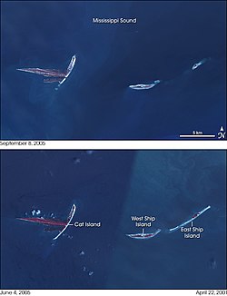 Cat Island (left) before (June 2004, bottom) and after (September 2005, top) Hurricane Katrina.