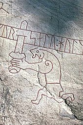 Sigurd holding the sword Gram on the Ramsund carving, c. 1030 Sigurdsristningen - KMB - 16000300013664.jpg