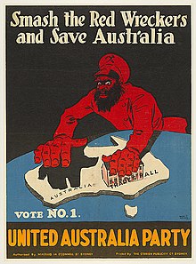 Red-baiting poster from the 1931 election. Smash the Red Wreckers and Save Australia.jpg