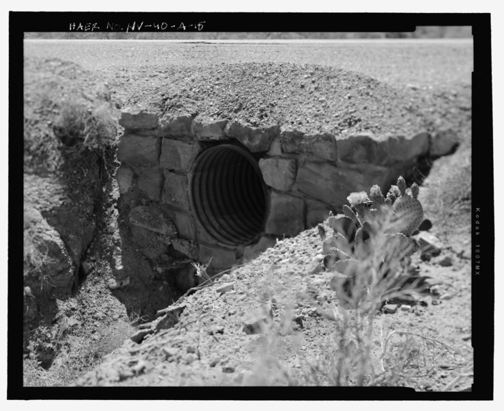 File:Special type culvert headwall, Culvert No. 124 Outlet, oblique view, view to southwest - Route No. 1-Overton-Lake Mead Road, Culverts and Headwalls, 6 miles south of Overton, Overton, HAER NV-40-A-15.tif